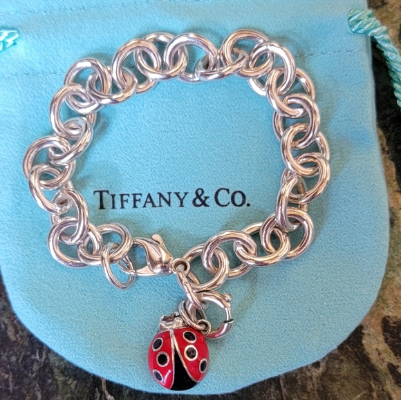 TIFFANY & CO STERLING SILVER ROUND LINK BRACELET LADY BUG CHARM LOBSTER CLAW 7" - Picture 3 of 8